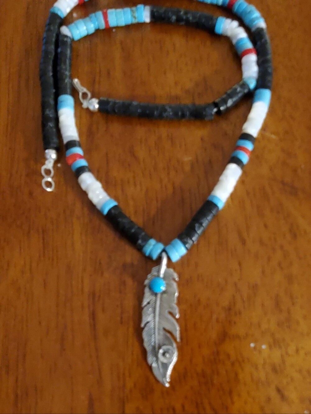 Native American Turquoise Heishi Bead Necklace Sterling Silver Pendant Signed FP